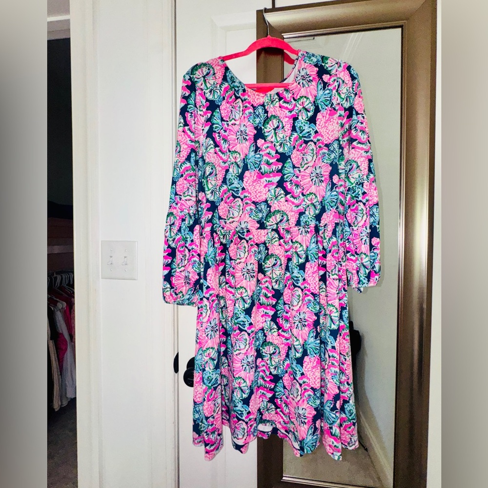 Lilly Pulitzer Pink and Blue Casual Sundress with Bishop Sleeves